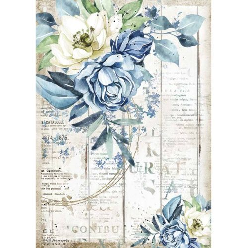 Stamperia rizspapír A/4 - Romantika kék virág