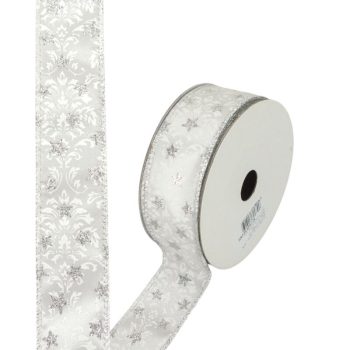   Karácsonyi szalag drótos szegéllyel 4cm széles - ezüst csillagos