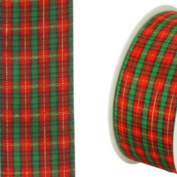   Karácsonyi szalag drótos szegéllyel 4cm széles - zöld piros kockás