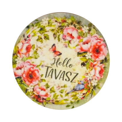 Nyomtatott fa tábla - Helló Tavasz - lepkés kör alakú 5cm 3db/csomag