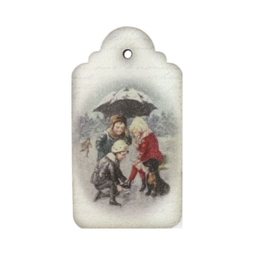 Nyomtatott fa tábla - Vintage karácsony - gyerekek kutyával 9cm x 5cm