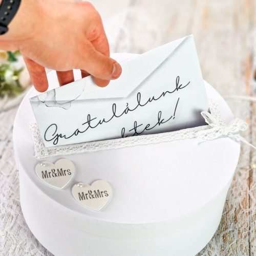 Esküvői persely fehér csipkés szíves 25cm