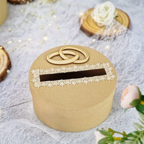 Esküvői persely natúr csipkés gyűrűvel 20cm