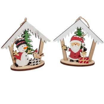 Házikó karácsonyi figurával fa akasztós 11cm