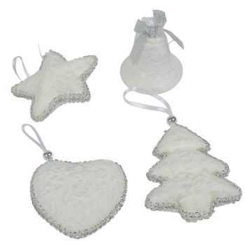 Textil akasztós karácsonyi dísz fehér-ezüst 7cm