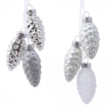 Üveg toboz fehér-ezüst 6cm 3db-os