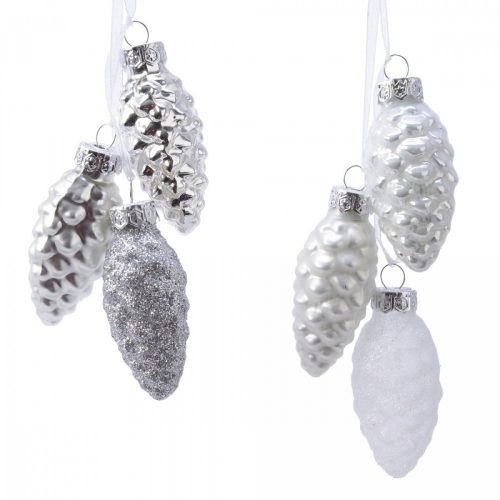 Üveg toboz fehér-ezüst 6cm 3db-os