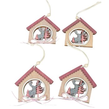   Fa akasztós áttört mintás házikó rózsaszín 9cm 4db-os