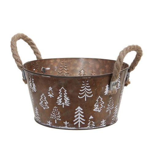 Fém kaspó kötél füllel barna mintás D18cm M9cm