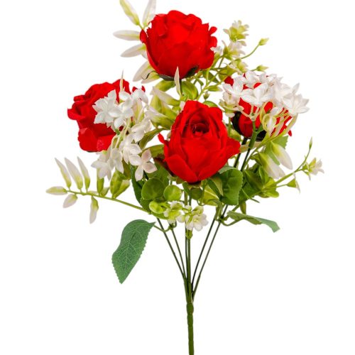 Rózsa,minivirág csokor 7v piros M34cm 36db/#