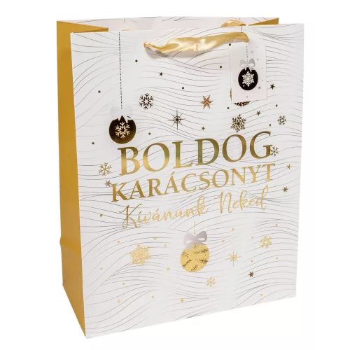 Ajándéktasak Boldog karácsonyt arany-fehér 26x32cm