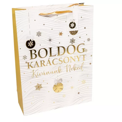 Ajándéktasak Boldog karácsonyt arany-fehér 31x42cm