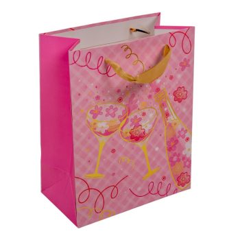 Ajándék tasak pezsgő mintával rózsaszín 18x23cm