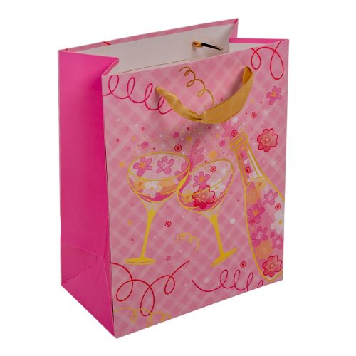 Ajándék tasak pezsgő mintával rózsaszín 18x23cm