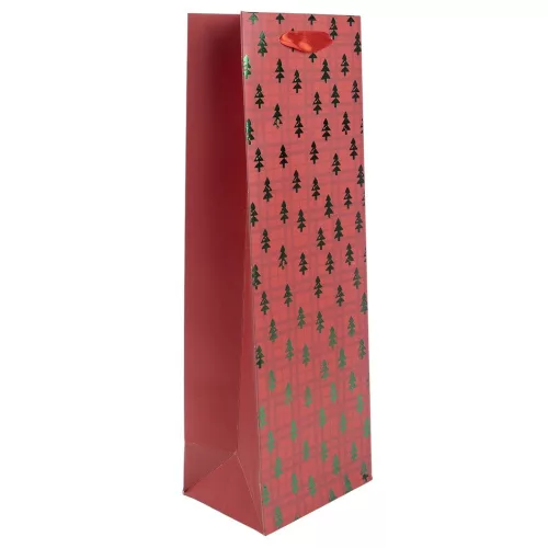 Ajándéktasak italos  piros zöld fenyőfa mintával 12x36cm