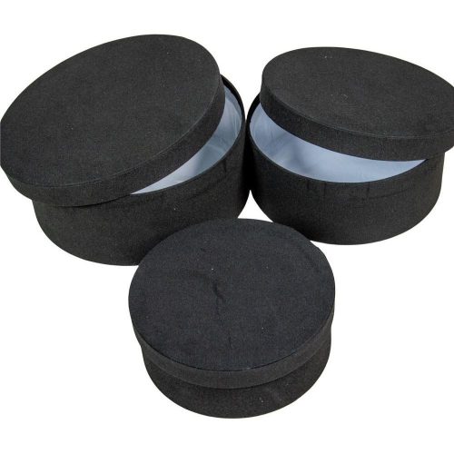 Papír doboz kerek bársony hatású fekete D20-18-15cm 3db-os