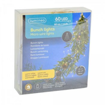   Ezüst drótkábeles korbács 60 LED-es elemes (elem nélkül) meleg