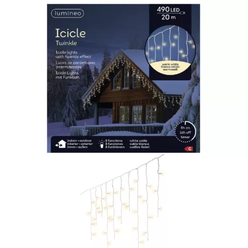 Jégcsap 490 LED-es fehér kábeles időzítős programos adapteres meleg 20m