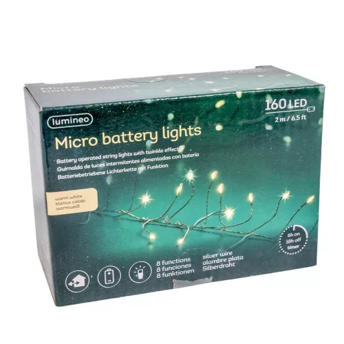 Fényfüzér 160 LED-es programos elemes (elem nélkül) meleg 2m
