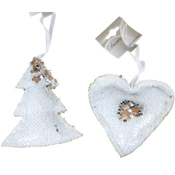 Flitteres akasztós dísz fehér-ezüst 12cm