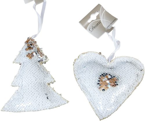 Flitteres akasztós dísz fehér-ezüst 12cm