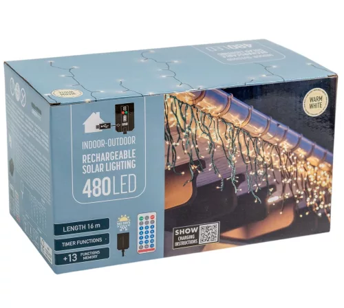 Napelemes jégcsap fényfüzér 480 LED-es időzítős tölthetős távirányítós meleg 16m