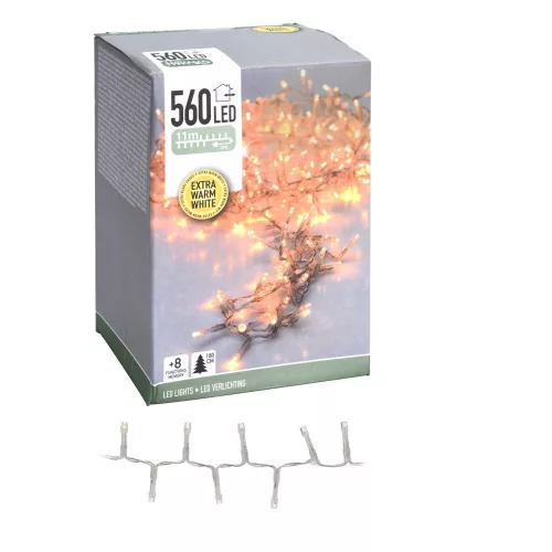 Sűrű fényfüzér 560 LED-es transzparens időzítős programos adapterrel meleg 11m