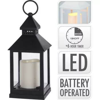   Lámpás LED-es gyertyával fekete (időzítős elemes) M23cm