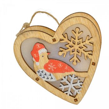 Madár mintás szív akasztós dísz LED-es 10cm