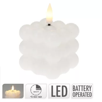   Golyós kocka gyertya fehér LED-es időzítős elemes (elemmel) 6x6cm