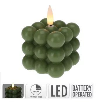   Golyós kocka gyertya zöld LED-es időzítős elemes (elemmel) 6x6cm