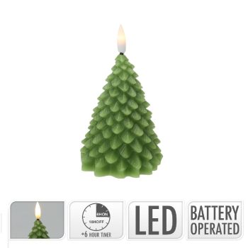  Fenyő gyertya LED-es időzítős elemes (elem nélkül) zöld M11cm