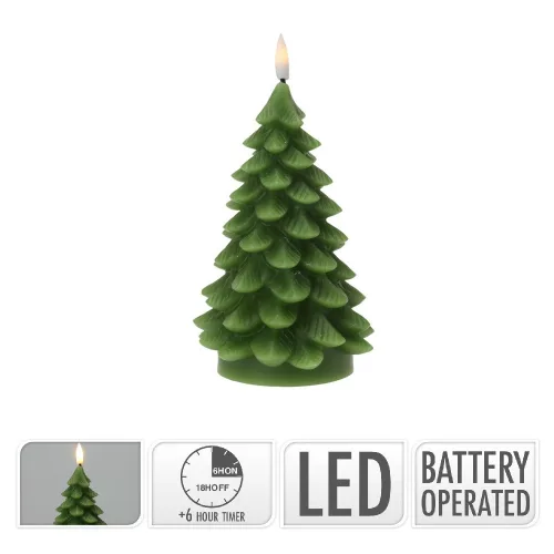 Fenyő gyertya LED-es időzítős elemes (elem nélkül) zöld 17cm