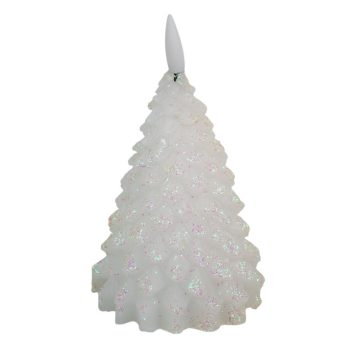   Fenyő gyertya LED-es időzítős láng effekttel glitteres fehér M11cm