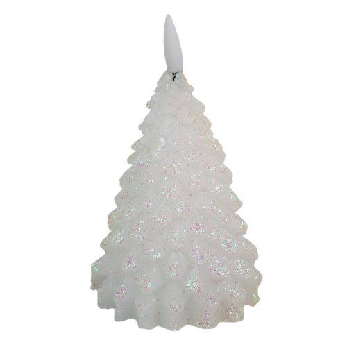 Fenyő gyertya LED-es időzítős láng effekttel glitteres fehér M11cm