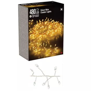   Ezüst drótábeles sűrű fényfüzér 480 LED-es adapteres meleg 4,8m