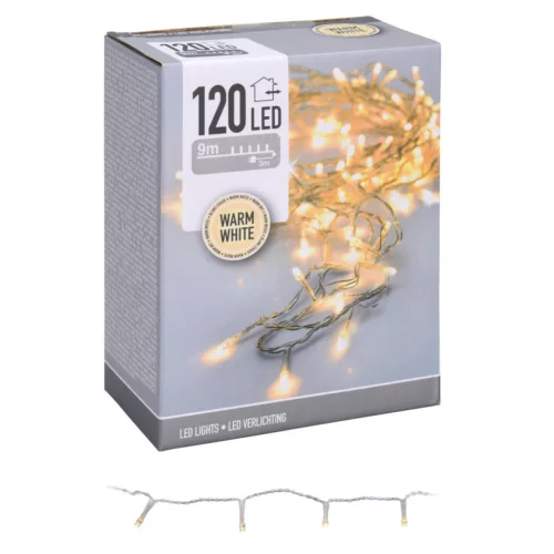 Fényfüzér 120 LED-es transperens adapteres meleg 9m