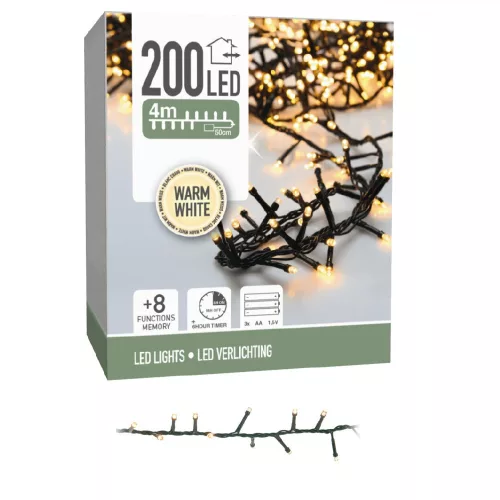 Sűrű fényfüzér 200 LED-es időzítős programos elemes (elem nélkül) meleg 4m