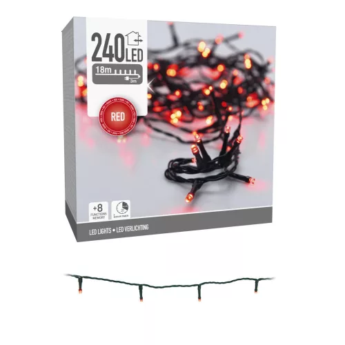 Fényfüzér 240 LED-es időzítős programos adapteres piros 18m