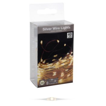   Ezüst drótkábeles fényfüzér 40 LED-es elemes (elem nélkül) meleg