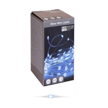   Ezüst drótkábeles fényfüzér 240 LED-es adapterrel hideg