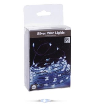   Ezüst drótkábeles fényfüzér 80 LED-es elemes (elem nélkül) hideg