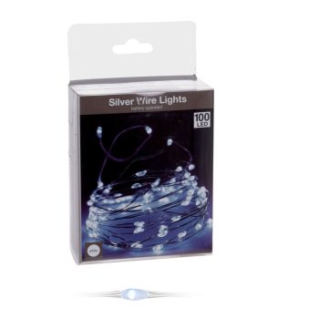   Ezüst drótkábeles fényfüzér 100 LED-es elemes (elem nélkül) hideg