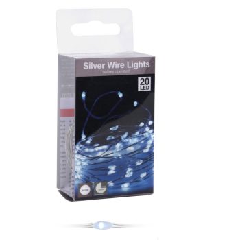   Ezüst drótkábeles fényfüzér 20 LED-es időzítős elemes (elem nélkül) hideg