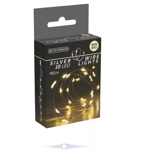 Ezüst drótkábeles fényfüzér 10 LED-es elemes (elemmel) meleg 90cm