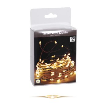   Ezüst drótkábeles fényfüzér 100 LED-es elemes (elem nélkül) meleg
