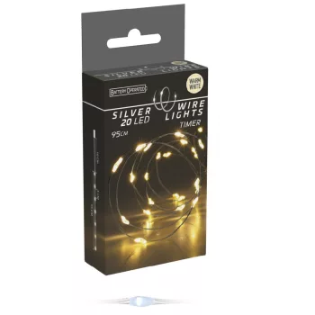   Ezüst drótkábeles fényfüzér 20 LED-es időzítős elemes (elem nélkül) meleg 95cm