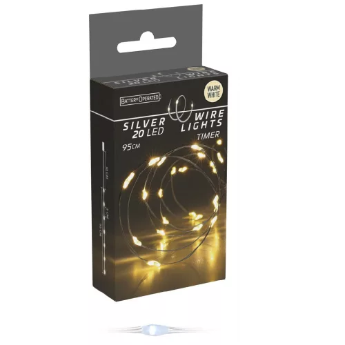 Ezüst drótkábeles fényfüzér 20 LED-es időzítős elemes (elem nélkül) meleg 95cm