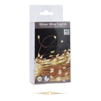   Ezüst drótkábeles fényfüzér 40 LED-es időzítős elemes (elem nélkül) meleg