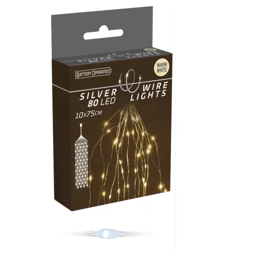 Ezüst drótkábeles korbács 80 LED-es elemes (elem nékül) meleg 10x75cm